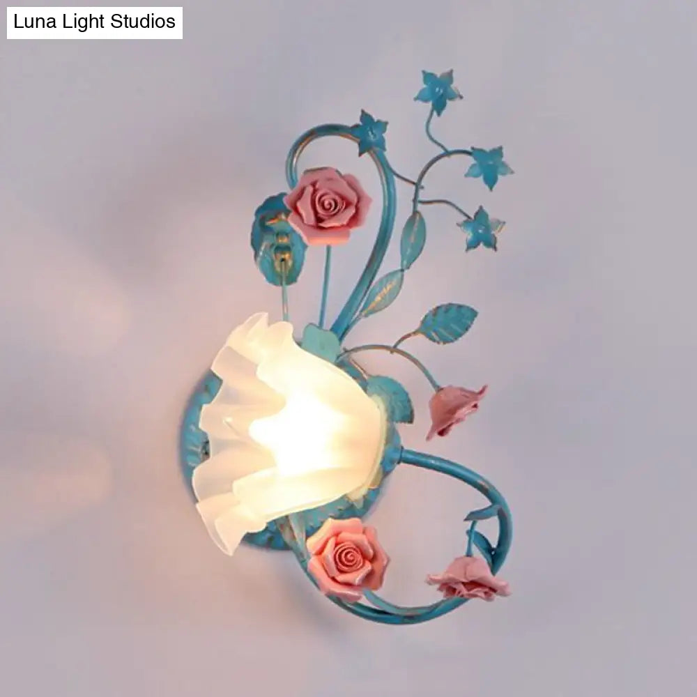 Opal Matte Glass Wall Lamp - Pastel Blue-Pink/Blue-White Scroll Flower Sconce Light (Left/Right)