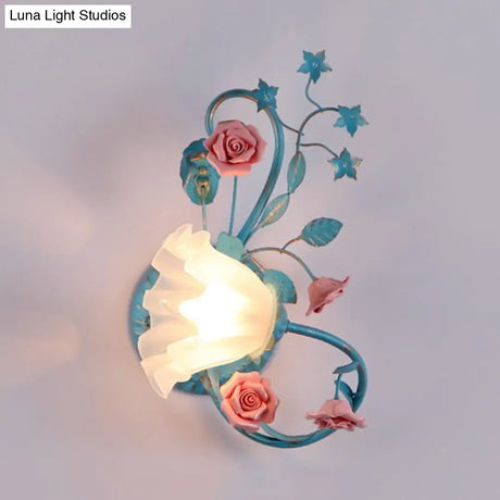 Opal Matte Glass Wall Lamp - Pastel Blue-Pink/Blue-White Scroll Flower Sconce Light (Left/Right)
