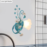 Opal Matte Glass Wall Lamp - Pastel Blue-Pink/Blue-White Scroll Flower Sconce Light (Left/Right)