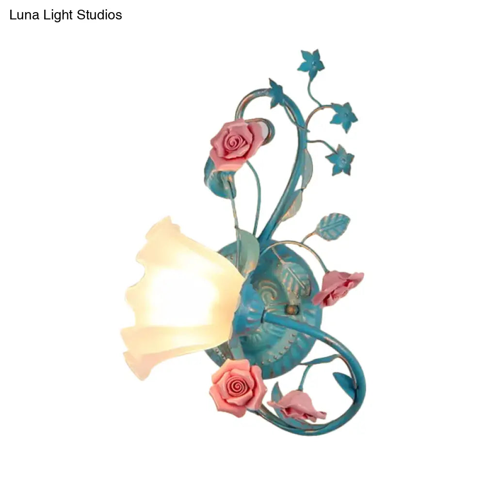 Opal Matte Glass Wall Lamp - Pastel Blue-Pink/Blue-White Scroll Flower Sconce Light (Left/Right)