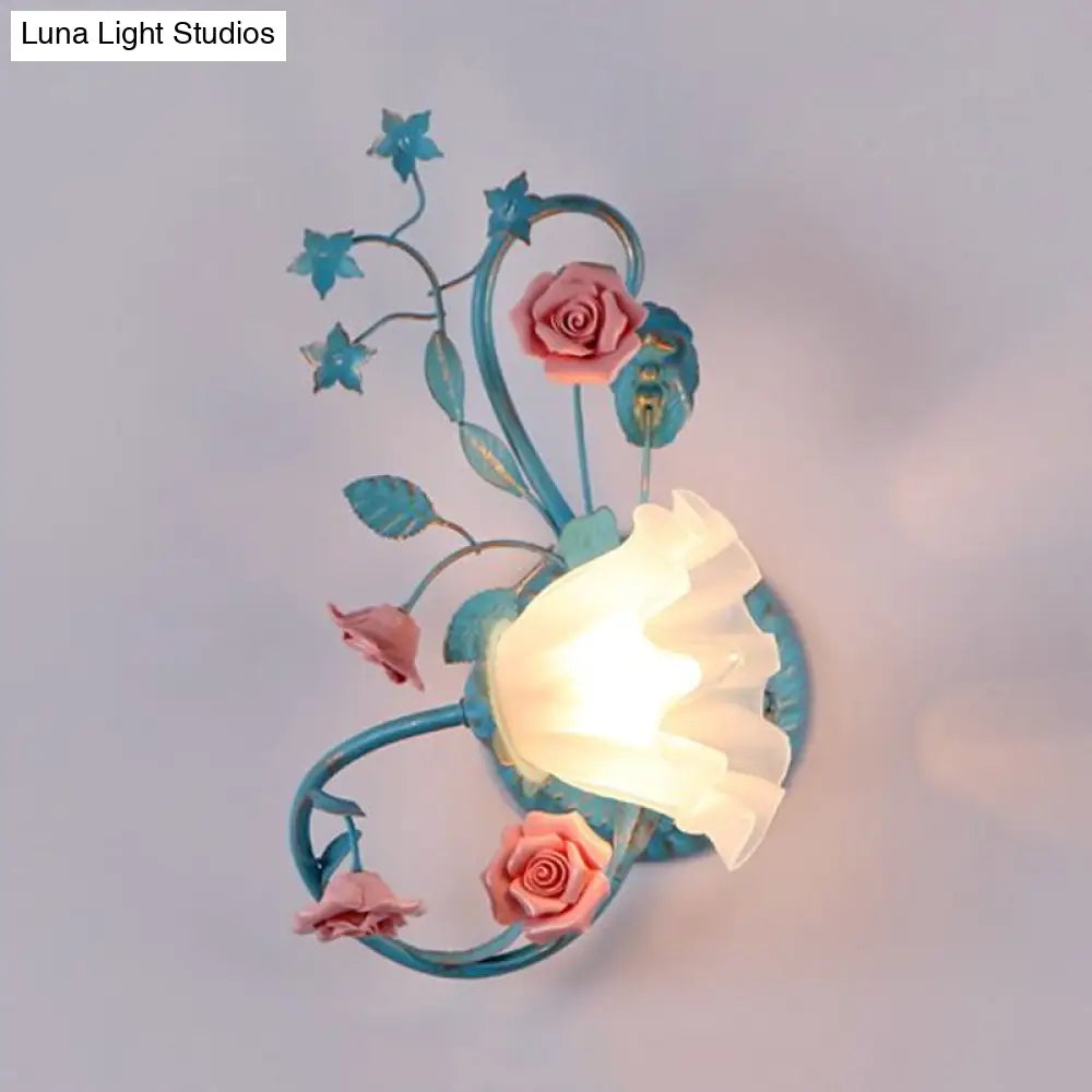 Opal Matte Glass Wall Lamp - Pastel Blue-Pink/Blue-White Scroll Flower Sconce Light (Left/Right)