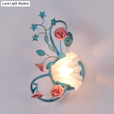 Opal Matte Glass Wall Lamp - Pastel Blue-Pink/Blue-White Scroll Flower Sconce Light (Left/Right)