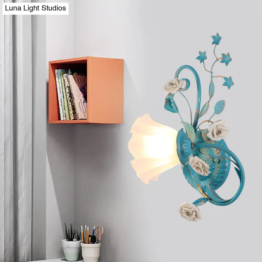 Opal Matte Glass Wall Lamp - Pastel Blue-Pink/Blue-White Scroll Flower Sconce Light (Left/Right)