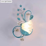 Opal Matte Glass Wall Lamp - Pastel Blue-Pink/Blue-White Scroll Flower Sconce Light (Left/Right)