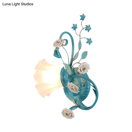 Opal Matte Glass Wall Lamp - Pastel Blue-Pink/Blue-White Scroll Flower Sconce Light (Left/Right)