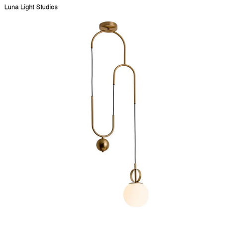 Opaline Glass Ball Pendant Light With Pulley - Postmodern Hanging Lamp In Gold