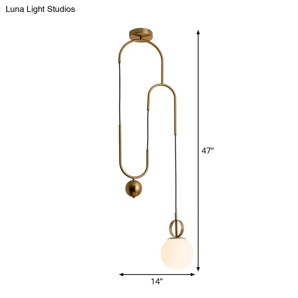 Opaline Glass Ball Pendant Light With Pulley - Postmodern Hanging Lamp In Gold