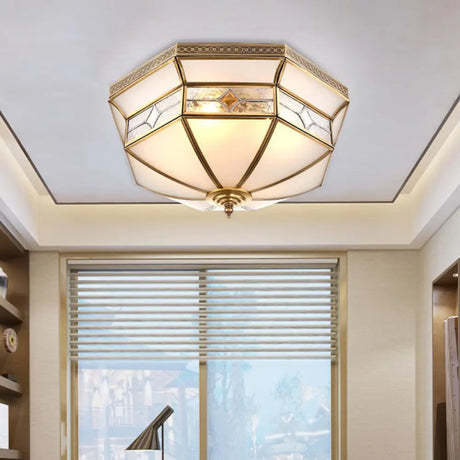 Opaline Glass Dome Ceiling Flush Light With Brass Finish - 3/4 - Light 14’/18’ Warehouse Style / 14’