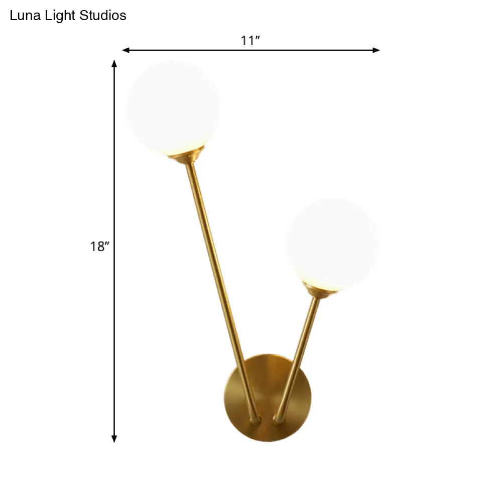 Opaline Glass Globe Led Wall Light Fixture - Mid Century Brass Mount Lamp With 2 Lights