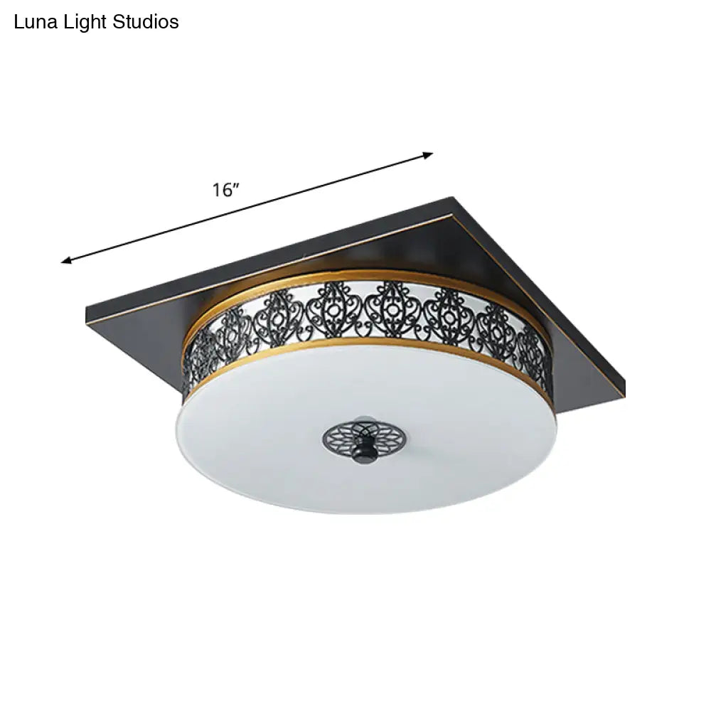Opaline Glass Led Ceiling Light Fixture In Traditional Black Drum Design - 12’/16’/19.5