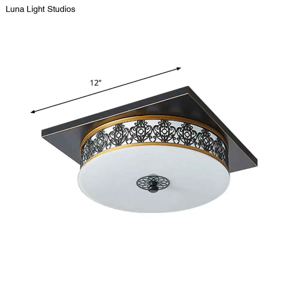 Opaline Glass Led Ceiling Light Fixture In Traditional Black Drum Design - 12’/16’/19.5