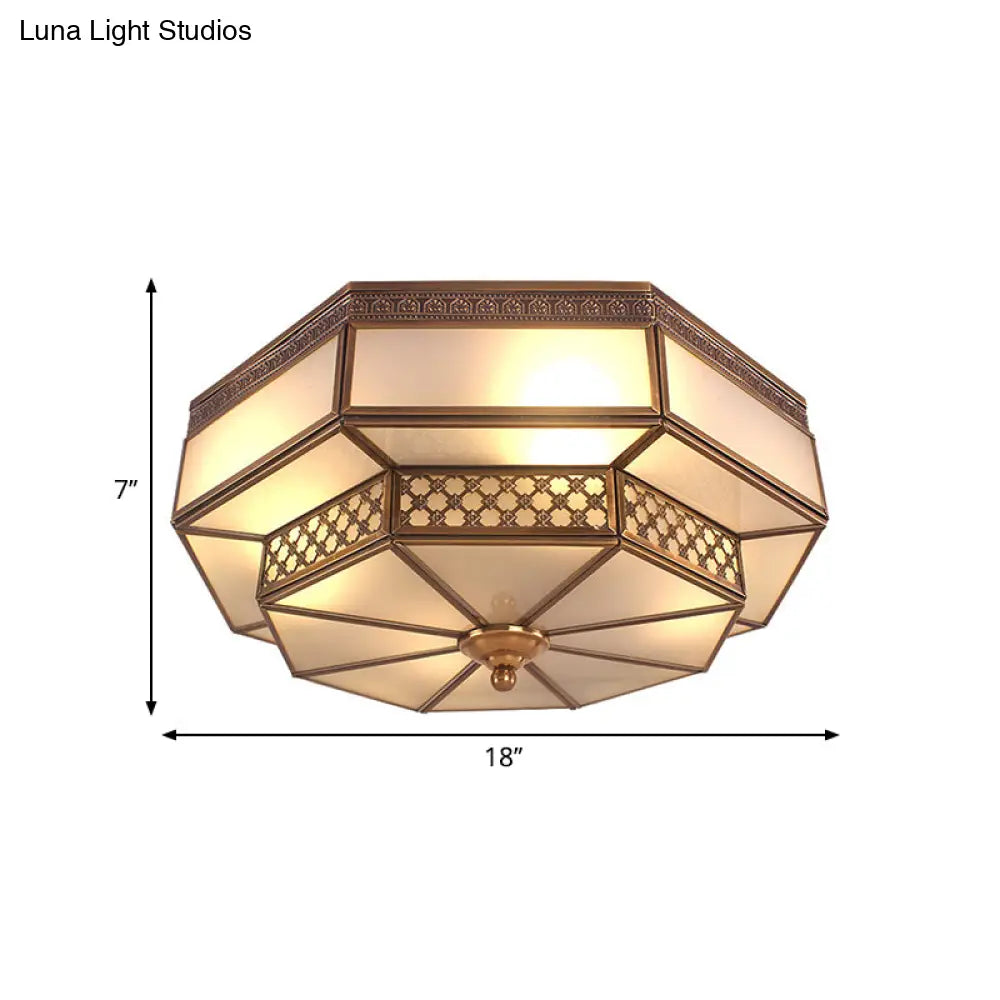 Opaline Glass Octagon Bedroom Flush Mount Light With Colonial Brass Finish - 4 Bulbs Close To