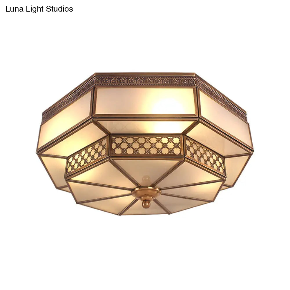 Opaline Glass Octagon Bedroom Flush Mount Light With Colonial Brass Finish - 4 Bulbs Close To