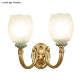 Opaline Glass Petal Wall Lamp: Vintage 1/2-Light Sconce In Brass For Living Room