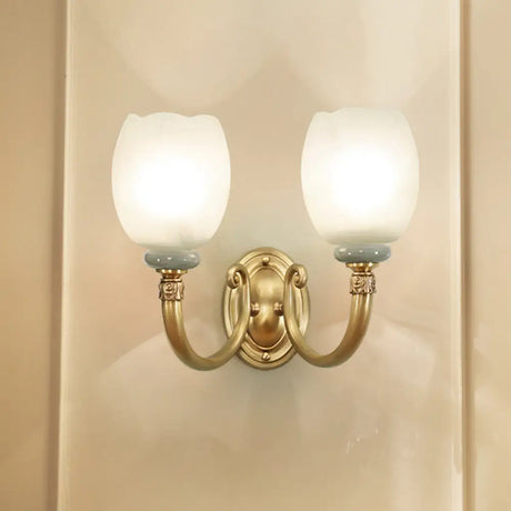 Opaline Glass Petal Wall Lamp: Vintage 1/2-Light Sconce In Brass For Living Room 2 /
