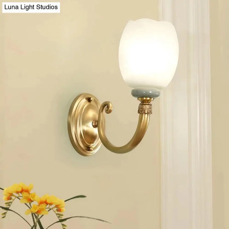 Opaline Glass Petal Wall Lamp: Vintage 1/2-Light Sconce In Brass For Living Room