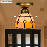 Orange Art Glass Ceiling Lamp - Tiffany Style Grid Bowl Mount For Bathroom 8’/6’ Width