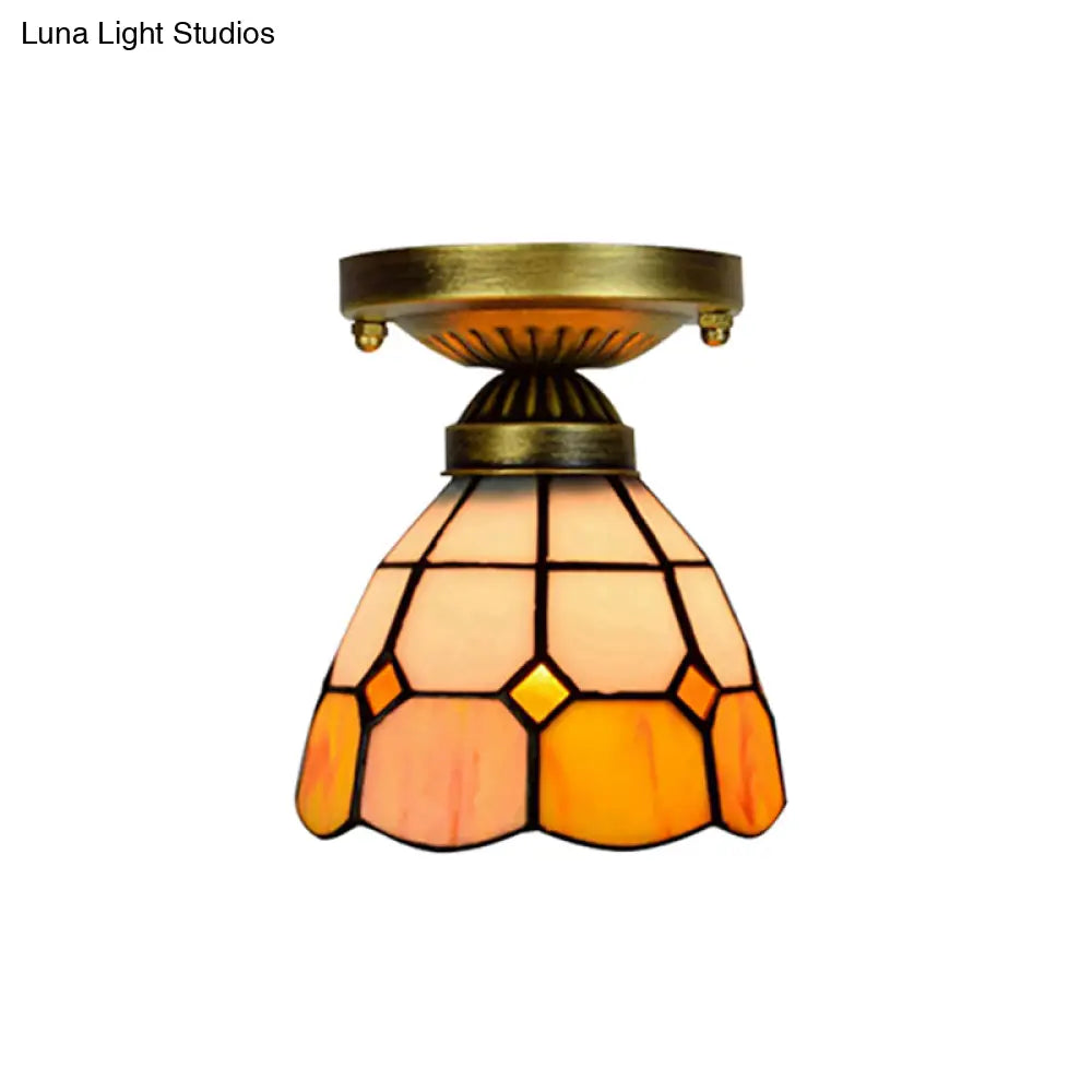 Orange Art Glass Ceiling Lamp - Tiffany Style Grid Bowl Mount For Bathroom 8’/6’ Width