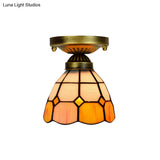 Orange Art Glass Ceiling Lamp - Tiffany Style Grid Bowl Mount For Bathroom 8’/6’ Width