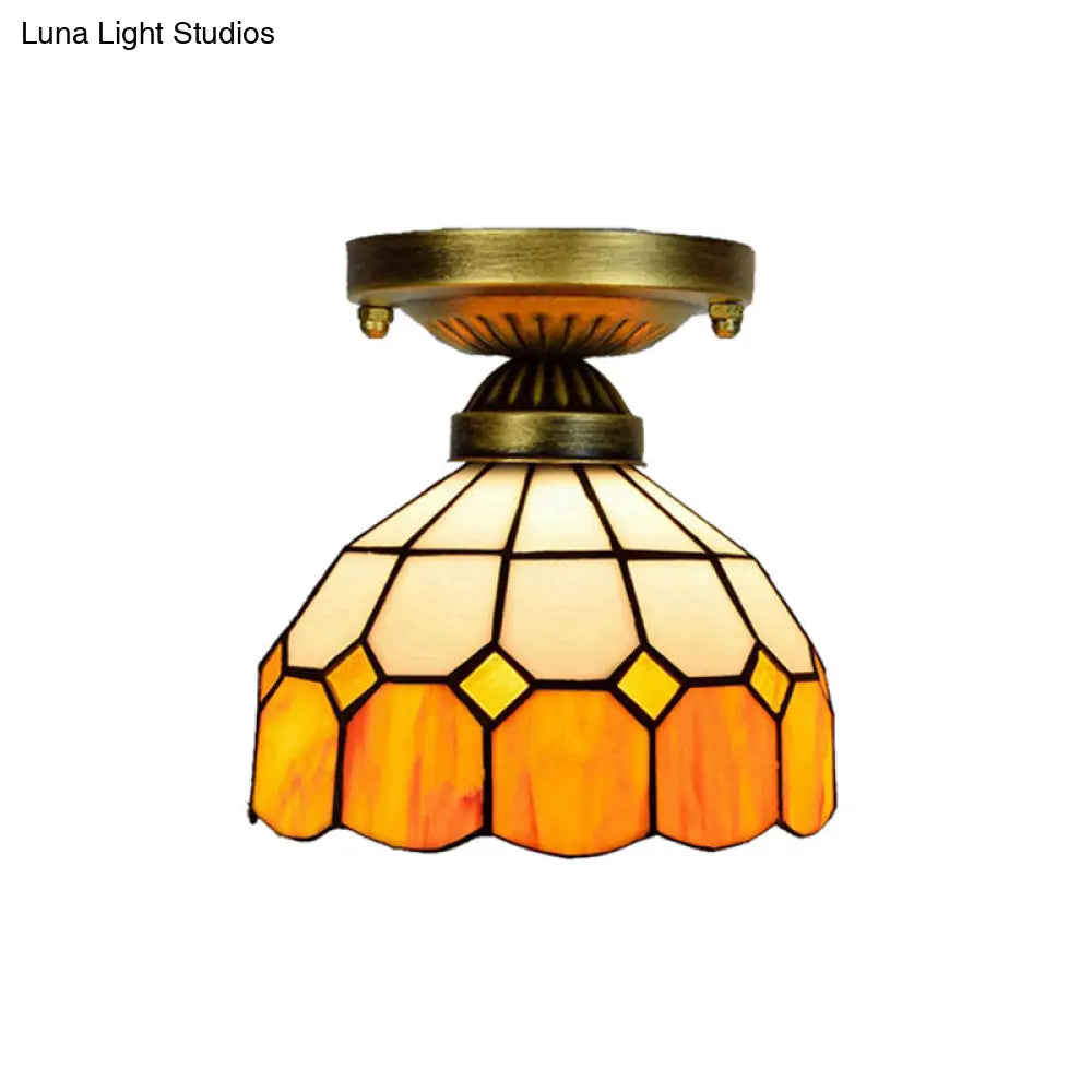 Orange Art Glass Ceiling Lamp - Tiffany Style Grid Bowl Mount For Bathroom 8’/6’ Width