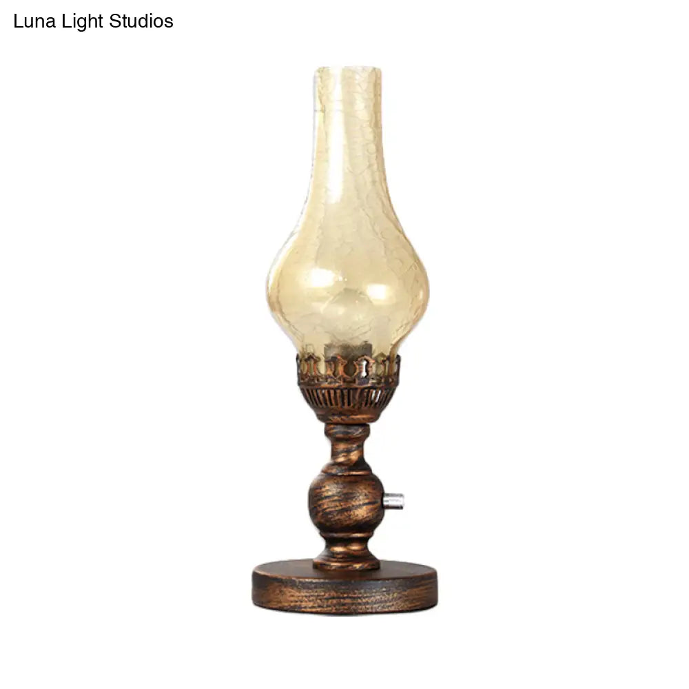 Orange/Clear Crackle Glass Desk Lighting With Iron Base - Industrial Vase Table Light For Bedroom