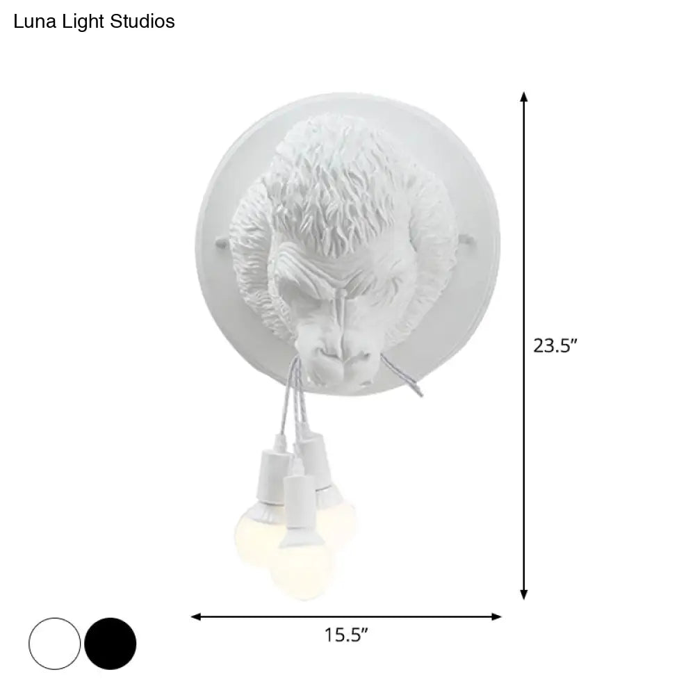 Orangutan Wall Mounted Lamp: Decorative Resin Sconce With 3 Lights For Porch In Black/White