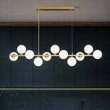 Orb White Glass Shade Island Hanging Light - 11-Light Postmodern Restaurant Lamp Gold