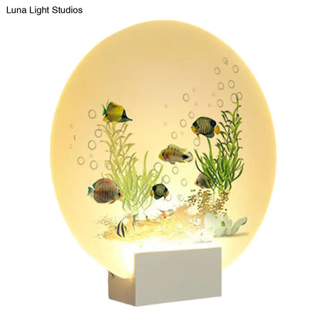 Oriental Led Acrylic Undersea Mural Light With Fish And Plant Design White Circular Wall Lighting