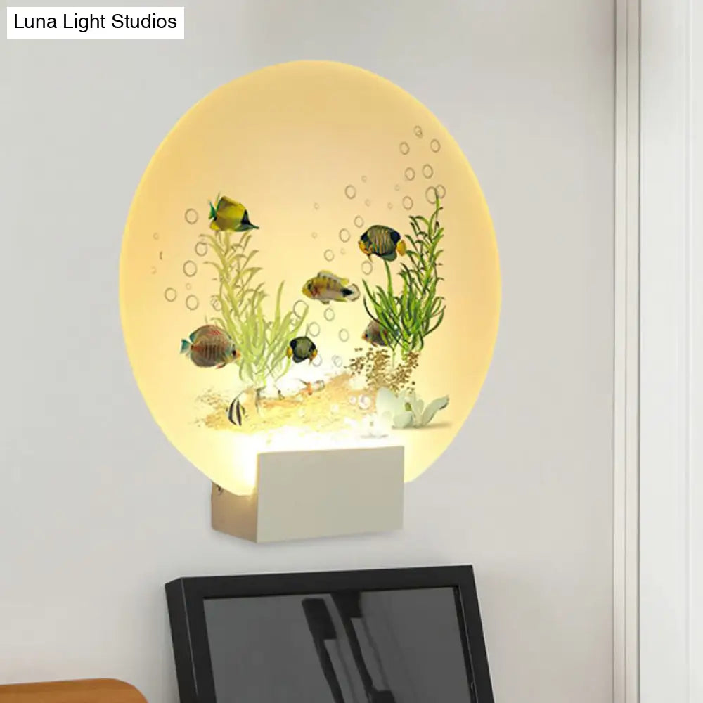 Oriental Led Acrylic Undersea Mural Light With Fish And Plant Design White Circular Wall Lighting