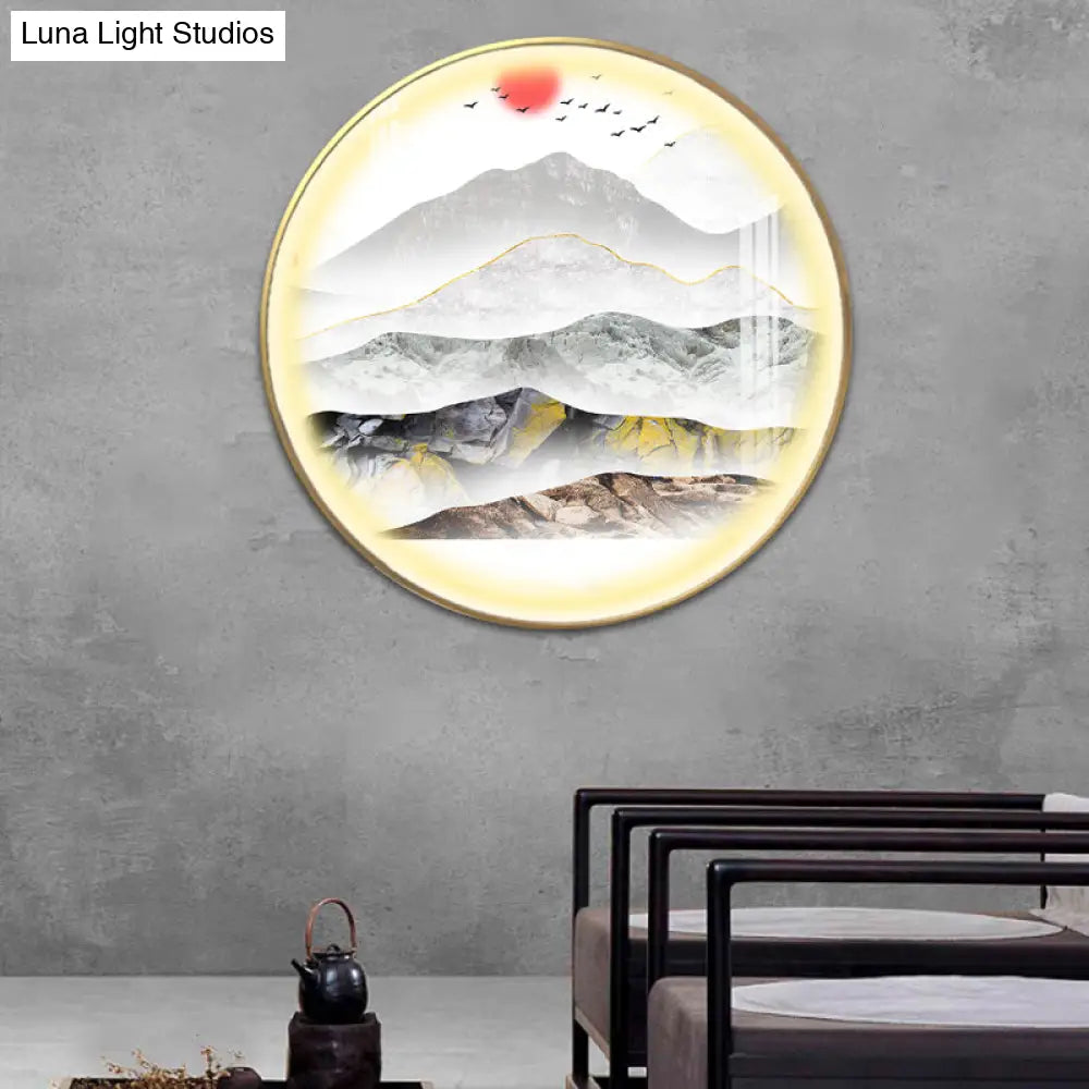 Oriental Led Wall Light With Mountain And Sun Pattern - Gold Mount Fixture
