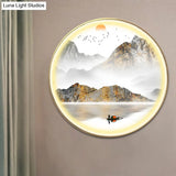 Oriental Led Wall Light With Mountain And Sun Pattern - Gold Mount Fixture
