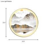 Oriental Led Wall Light With Mountain And Sun Pattern - Gold Mount Fixture