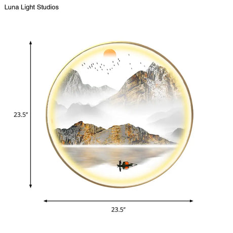 Oriental Led Wall Light With Mountain And Sun Pattern - Gold Mount Fixture