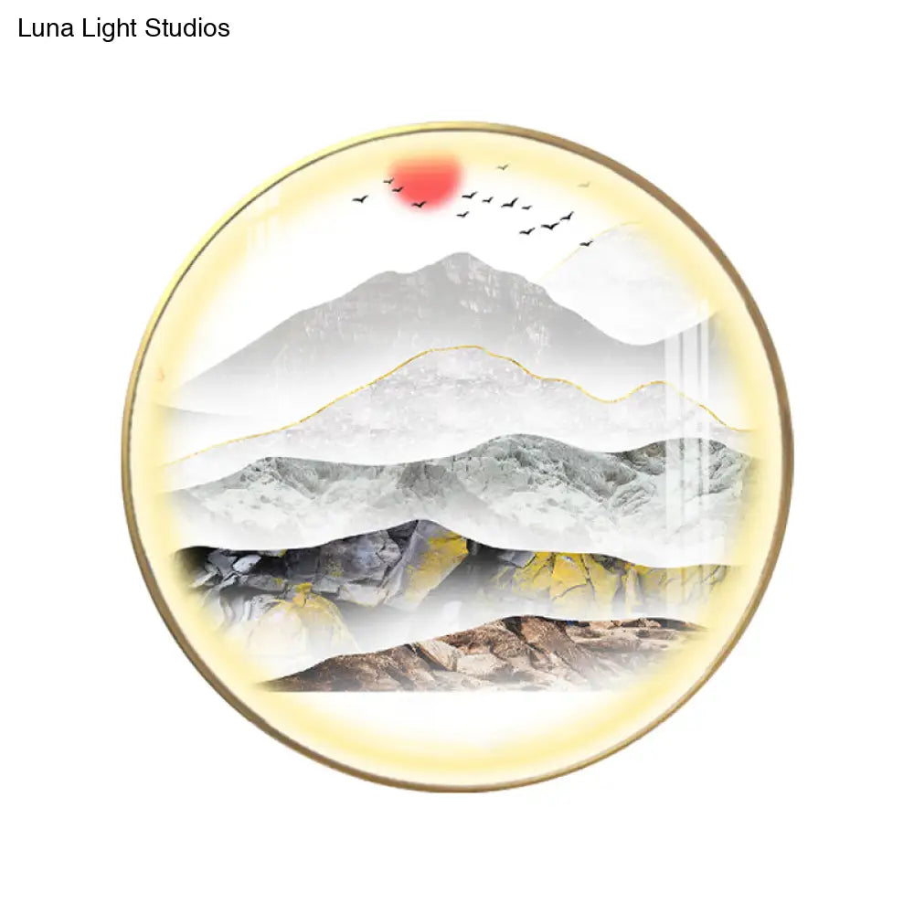 Oriental Led Wall Light With Mountain And Sun Pattern - Gold Mount Fixture