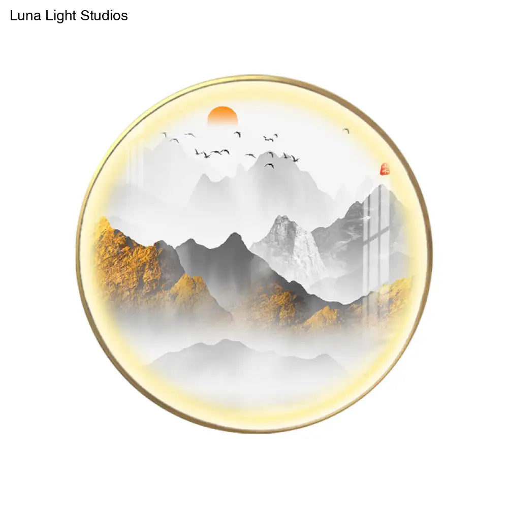 Oriental Led Wall Light With Mountain And Sun Pattern - Gold Mount Fixture