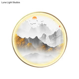 Oriental Led Wall Light With Mountain And Sun Pattern - Gold Mount Fixture