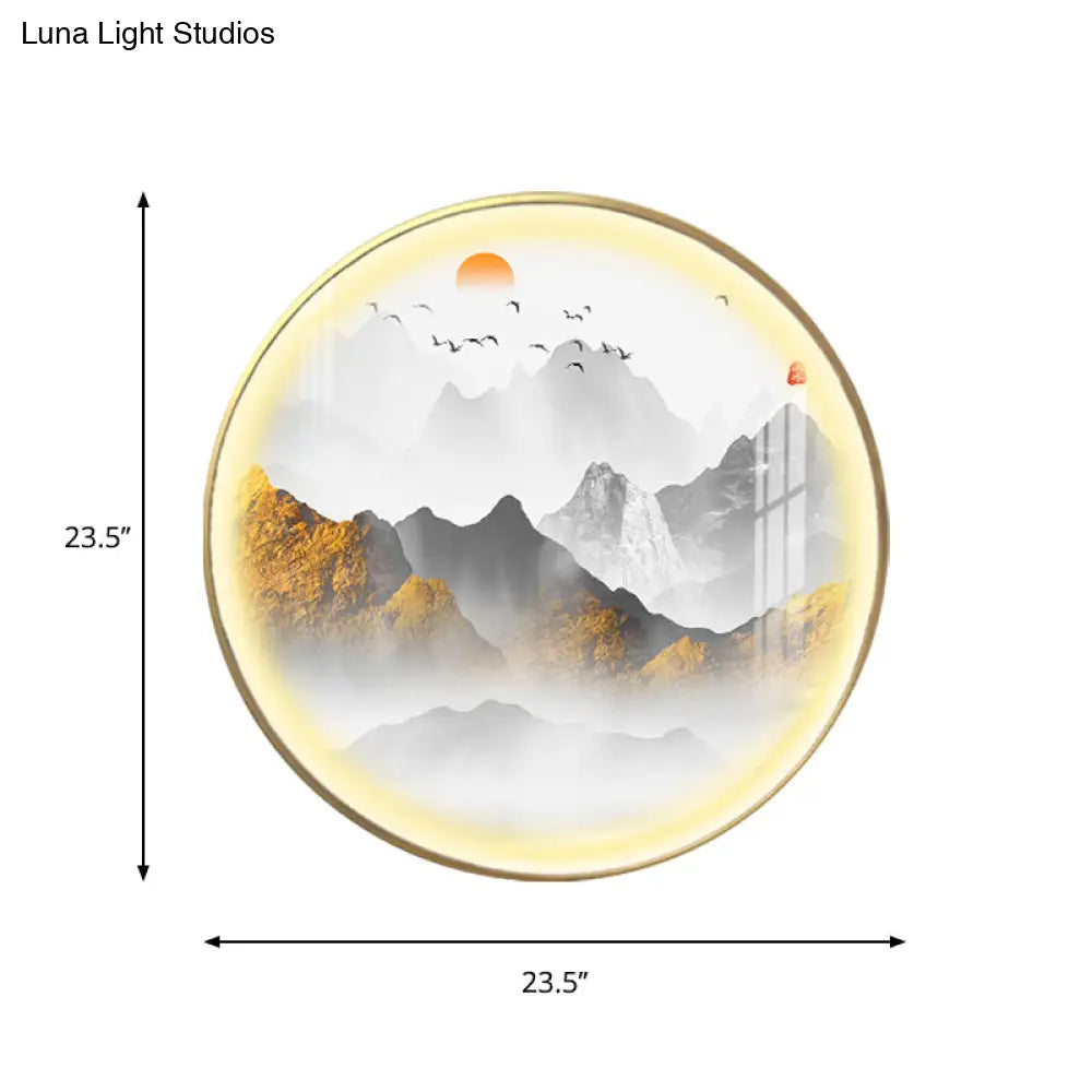 Oriental Led Wall Light With Mountain And Sun Pattern - Gold Mount Fixture