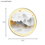 Oriental Led Wall Light With Mountain And Sun Pattern - Gold Mount Fixture