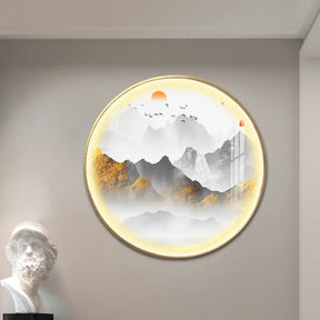 Oriental Led Wall Light With Mountain And Sun Pattern - Gold Mount Fixture / C
