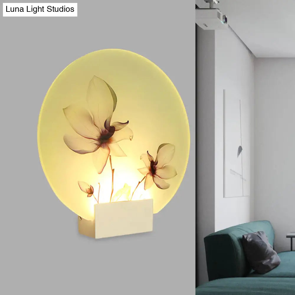Oriental Style Circular Led Blossoms Wall Lamp - White Acrylic Corridor Lighting