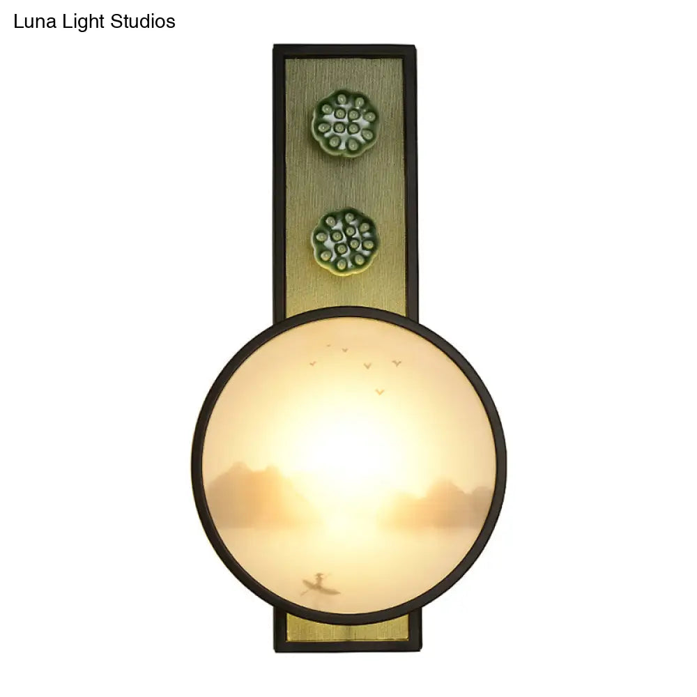Oriental Style Led Acrylic Moon And Lake Mural Lamp - Black Wall Mounted Lighting