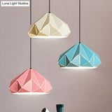Origami Metal Hanging Pendant Light - Contemporary 1-Light Ceiling In Blue/Pink/Yellow