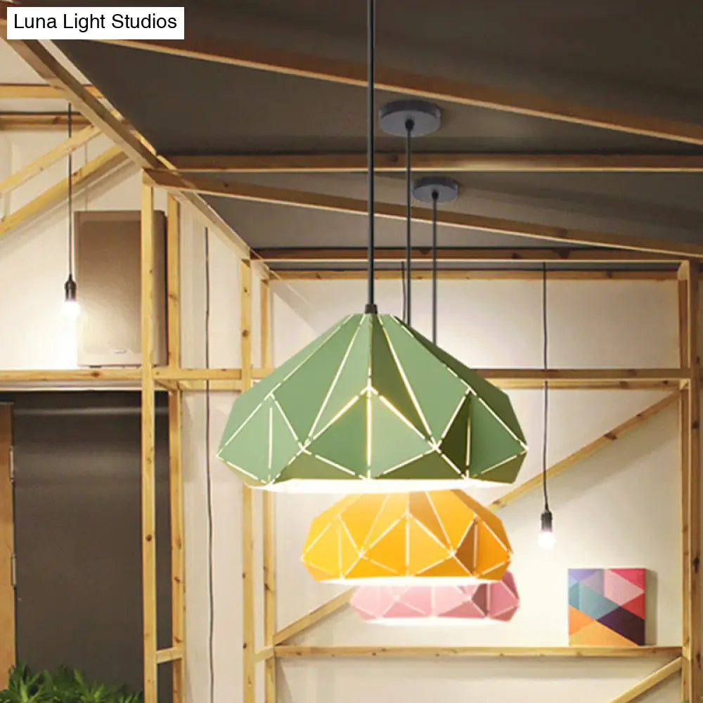 Origami Metal Hanging Pendant Light - Contemporary 1-Light Ceiling In Blue/Pink/Yellow