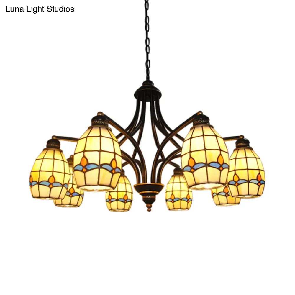 Oval Ceiling Pendant With Magnolia Stained Glass Tiffany Lighting (6/8 Lights) In Beige