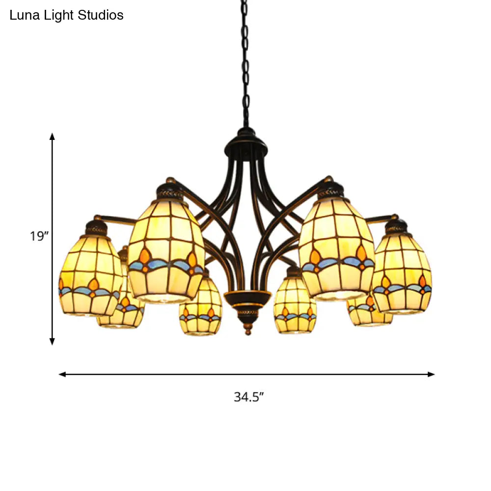 Oval Ceiling Pendant With Magnolia Stained Glass Tiffany Lighting (6/8 Lights) In Beige