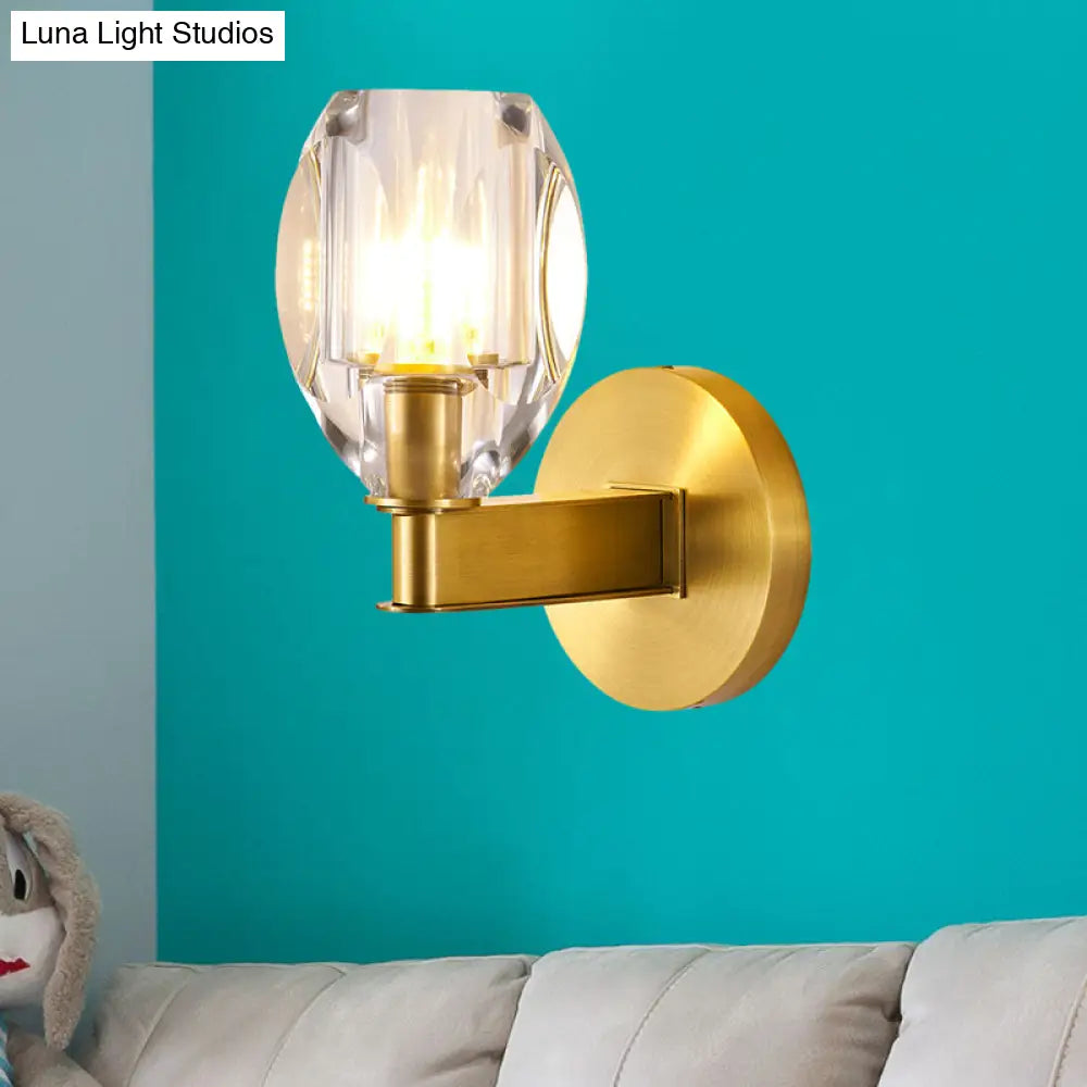 Oval Crystal Wall Light Fixture With 1 Bulb Contemporary Design Gold Finish