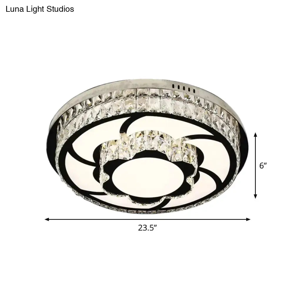 P Stainless - Steel Flushmount Light With Clear Faceted Crystal Shade - Flower/Round Design