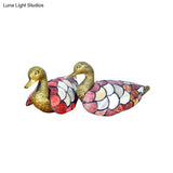 Pair Of Tiffany Creative Brass Shell Nightstand Lamps With Mandarin Duck Design
