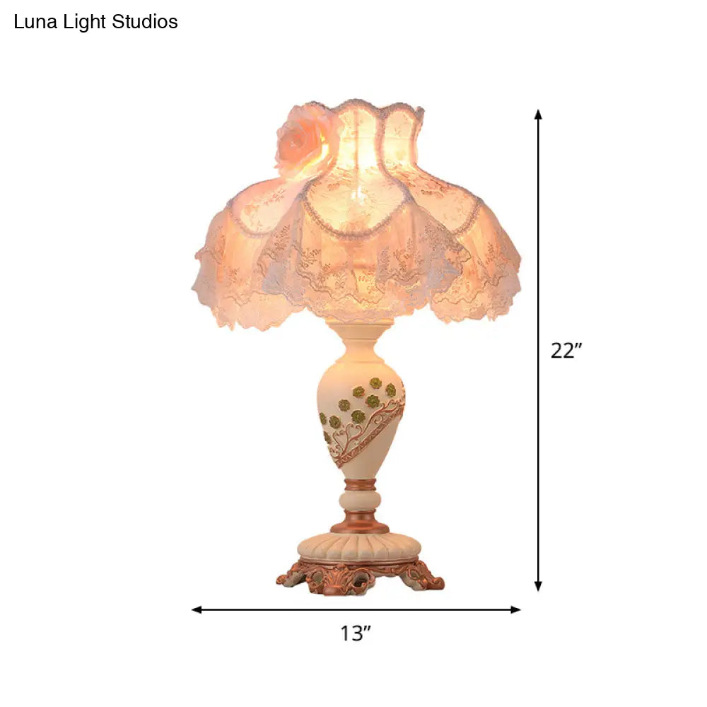 Pastoral Beige Table Lamp: Elegant 1-Bulb Night Light With Vase Resin Base And Lace Trim