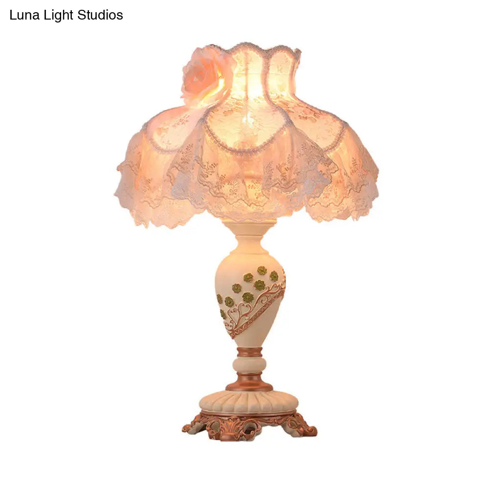 Pastoral Beige Table Lamp: Elegant 1-Bulb Night Light With Vase Resin Base And Lace Trim